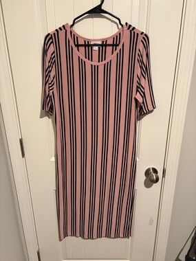 LuLaRoe Pink and Black Striped Short Sleeve Midi Dress